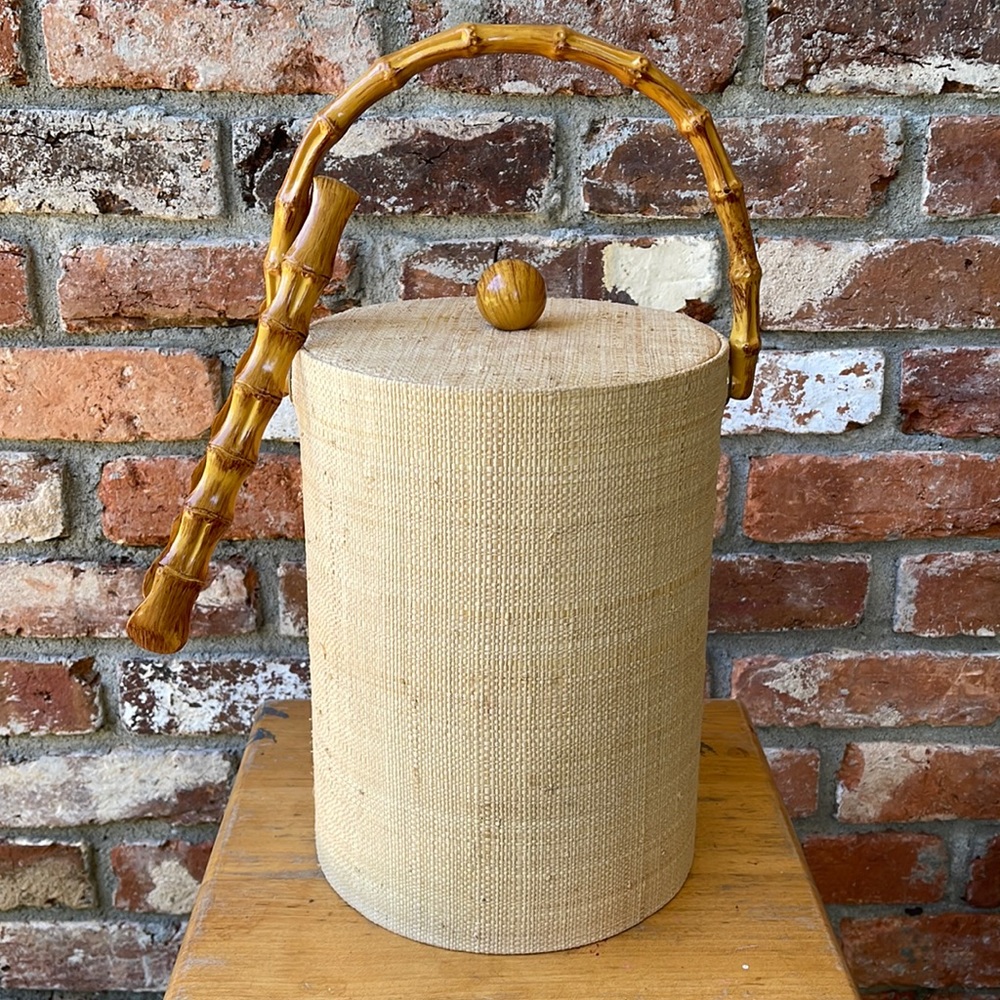 MCM / BOHO ICE BUCKET WITH MATCHING TONGS - GRASSCLOTH AND FAUX BAMBOO